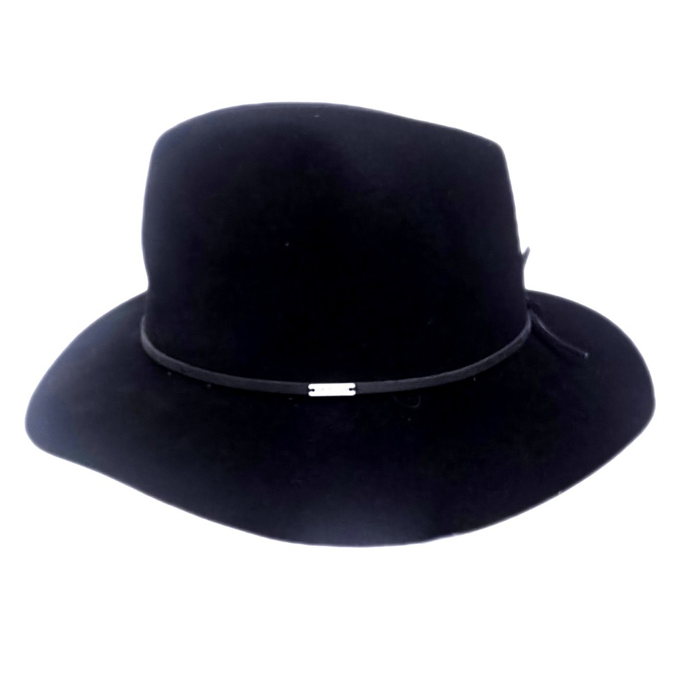 Brixton Black Felt Rancher Hat Wide‎ Brim Silver Logo Plaque Size M Womens